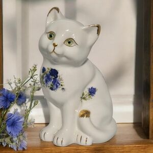 Formalities White Cat Figurine with Blue Floral Design and Gold Trim
